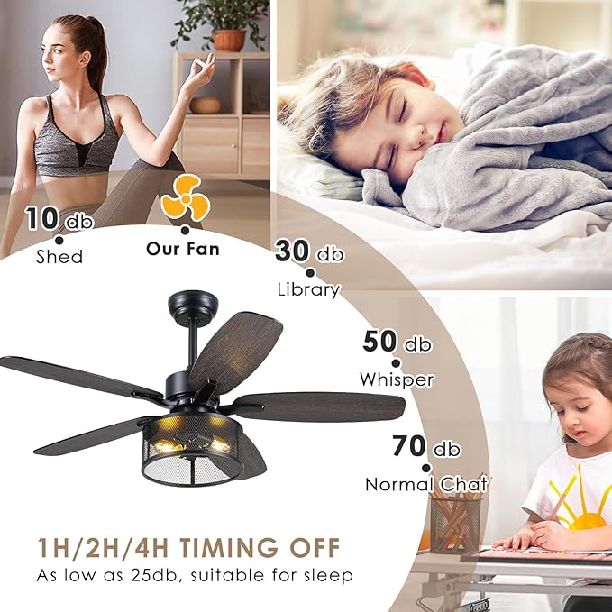 48" Black Farmhouse Ceiling Fan with Light and Remote, Industrial Cage Design, Rustic Flush Mount for Bedroom Living Room, E26 Base, DC Motor, 6-Speed Reversible with Timer, Dual Blades