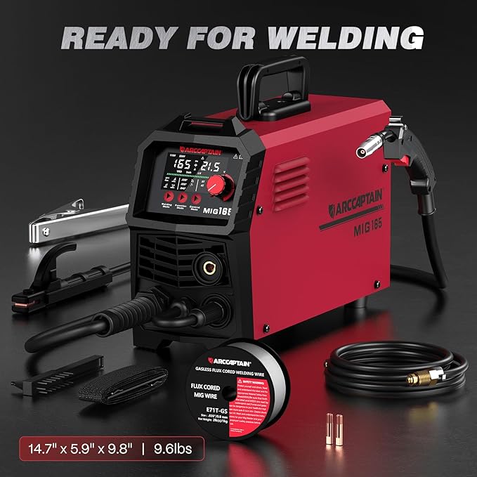 ARCCAPTAIN 165A MIG Welder 110V/220V, 2025 Newest [Large LED Display] 4 in 1 Gasless/Gas MIG/Lift TIG/Stick Welding Machine Multiprocess Welder Machine, IGBT Inverter Welder with Synergy, 2T/4T