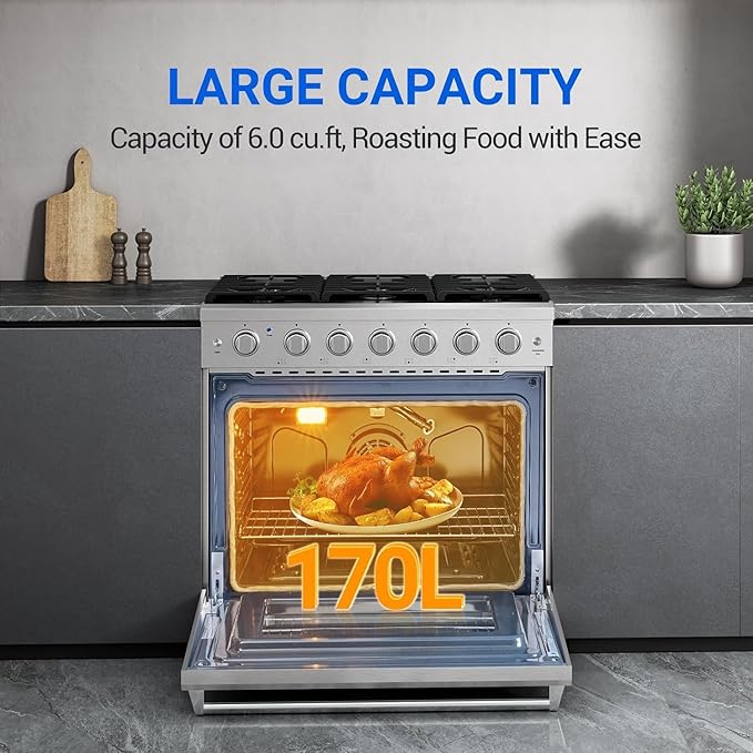 AAOBOSI 36 Inch Front Control Gas Range Oven with 6 Cooktop Burners, 6 Cu. Ft 18000 BTU Convection and Self Clean, Freestanding Heavy Duty Gas Range Stove with Halogen Light,Large Capacity,Silver