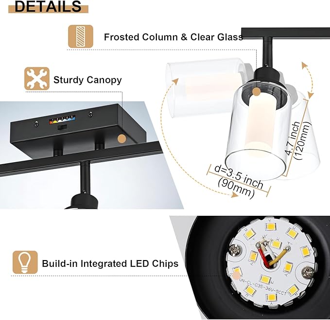5-Light LED Black Track Light Fixtures Ceiling, 5-Color Temperature Adjustable Directional Spotlight, Bathroom Vanity Lighting with Integrated LED Chips & Clear Glass Shade & Frosted Column