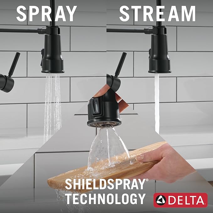 Delta Theodora Pro Style Commercial Kitchen Faucet with Pull Down Sprayer, Single Hole Matte Black Kitchen Sink Faucet, Single Handle, Matte Black 18804Z-BL-DST