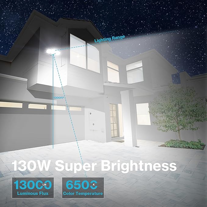 Olafus 130W Flood Lights Outdoor, 13000LM Super Bright LED Flood Light, IP65 Waterprooof Outdoor Flood Light Fixture, 3 Adjustable Heads, 6500K Exterior Security Lights for Yard, Garage, White