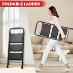 KINGRACK 3 Step Ladder, Sturdy Step Stool with Handrail, Wide Anti-Slip Pedals, 800lbs Max Load Capacity, Folding Step Stool for Home, Kitchen, Black