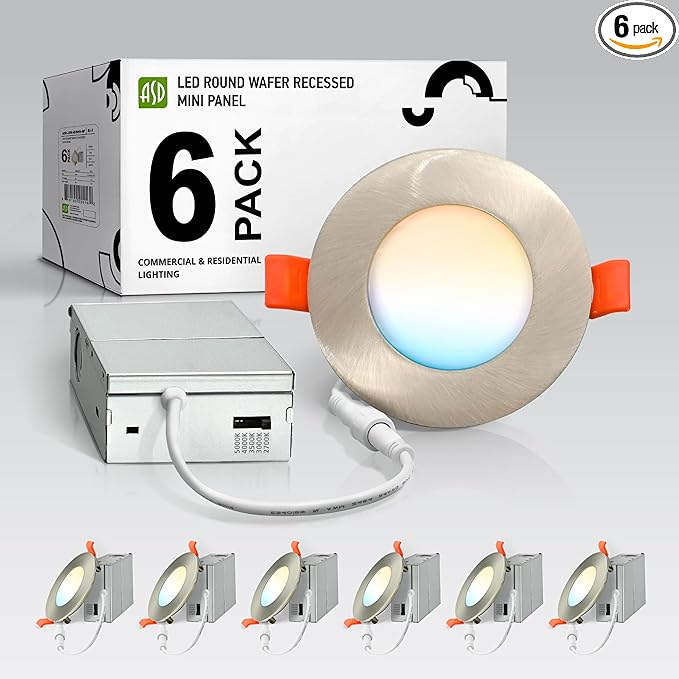 ASD 6 Pack 3 Inch LED Recessed Light 6W, 5 CCT 2700K-5000K CRI90+, IC Rated Ultra Thin Dimmable Ceiling Lights with J Box, Canless Wafer Downlight, Round Slim Panel Lighting, Energy Star ETL, Nickel