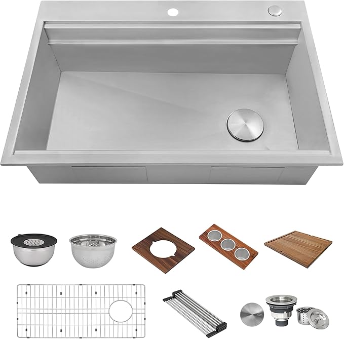 Ruvati 33-inch Two-Tiered Ledge Workstation Kitchen Sink - Drop-in Topmount Kitchen Sink - 16 Gauge Stainless Steel Kitchen Sink with Brushed Finish hides scratches - RVH8424