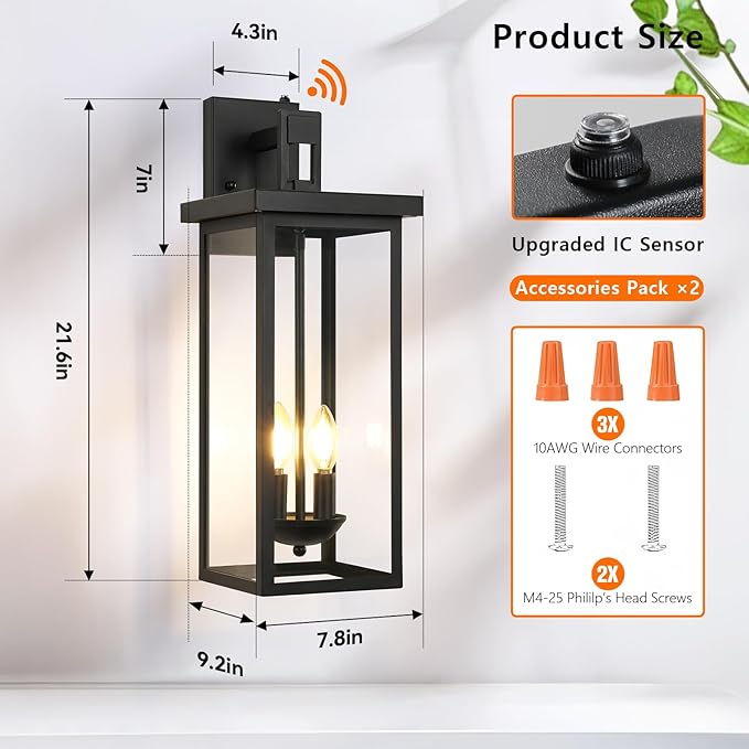 tewei 22 Inch Large Outdoor Wall Lights, Dusk to Dawn Exterior Lighting Fixtures Black Modern Porch Light Outdoor Wall Lantern Sconce Lights for House Garage with Clear Glass Shade, E12 Base, 2 Pack