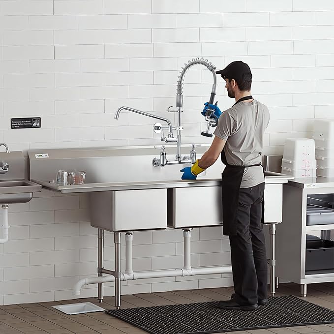 Fapully Commercial Kitchen Faucet,Wall Mount Kitchen Sink Faucet with Pre-Rinse Pull Down Sprayer,25‘’ Height 8'' Center 3 Compartment Sink Faucets with 12.2'' Swing Spout Chrome