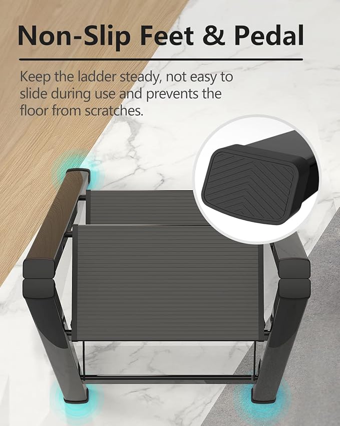 Step Stool, 2 Step Ladder with Anti-Slip and Wide Pedal, Folding Portable Iron Stepladder for Home and Kitchen, 300lbs - Black