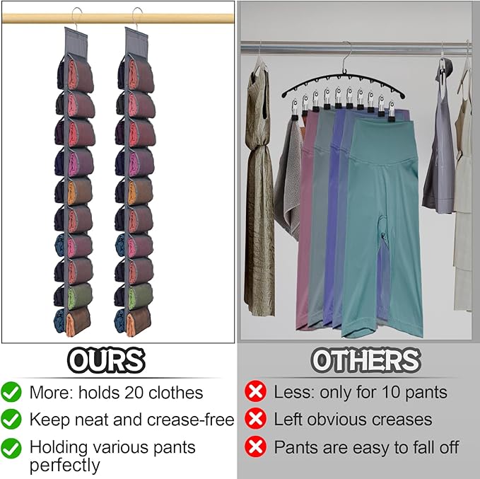 Legging Storage Organizer for Closet, Hanging Closet Organizer System, Grey Clothes Closets Holder with 20 Roll Independent Compartments for Yoga Leggings T-Shirts Bras Socks Pants Tank Top Towel