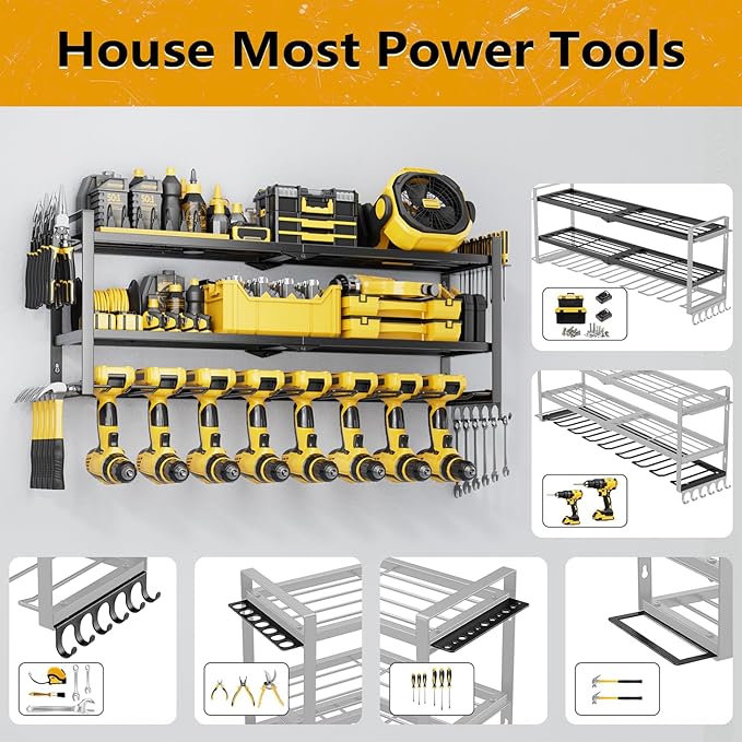 Power Tool Organizer - 3 Layer 8 Drill Holder Wall Mount, Storage Rack for Garage Organization, Large Tool Shelf, Gifts for Him Men Dad Husband Anniversary Fathers Day, Cool Gadget Stocking Stuffer