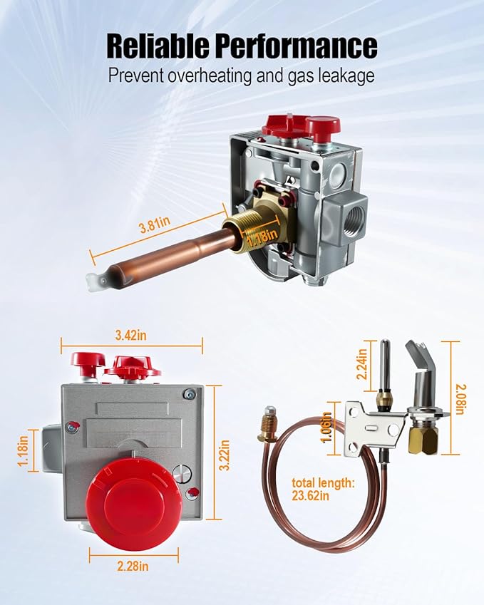 110-326 Gas Water Heater Control Valve, Natural Gas Thermostat with Copper Probe, Water Heater Replacement Parts Gas Control Valve with 1-3/8" Shank, 3-1/2" W.C