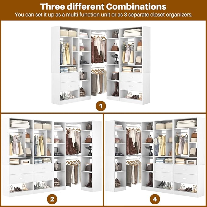 Large Corner Closet System with 3 Sets, 87.2" Closet Organizer System with 4 Drawers & 4 Hanging Rods, Reversible L Shaped Walk-in Closets, Load 2000+LBS, White (87.2" L x 39.2" W x 80" H)