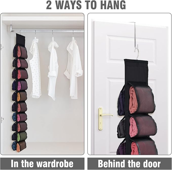 2 Pack Legging Storage Organizer, Hanging Closet Organizer System, Black Clothes Closets Holder with 20 Roll Independent Compartments for Yoga T-Shirts Bras Socks Pants Tank Top Towel