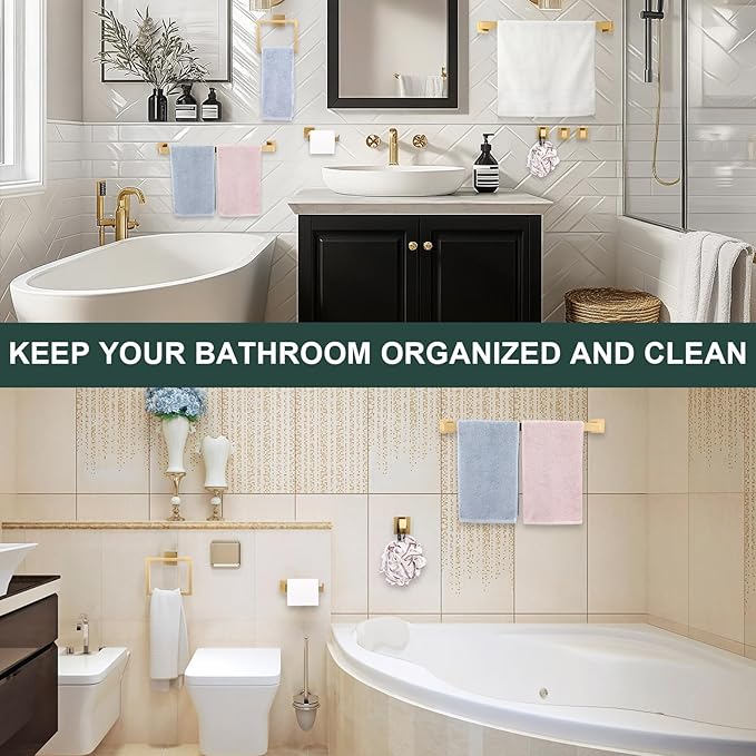 Gisafai 25 Pcs Bathroom Hardware Accessories Set 23.6 Inch Bath Towel Bar Kit Stainless Steel Bathroom Hardware Set Towel Racks Ring Hooks Paper Holder for Wall Mounted (Gold)