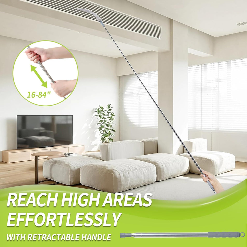 Skinny Duster with Extension Pole for Under Furniture, Under Appliance Cleaning Tool with 3 Microfiber Dusting Cloths, Retractable Flat Duster for Under Refrigerator, Tight Spaces, Gap