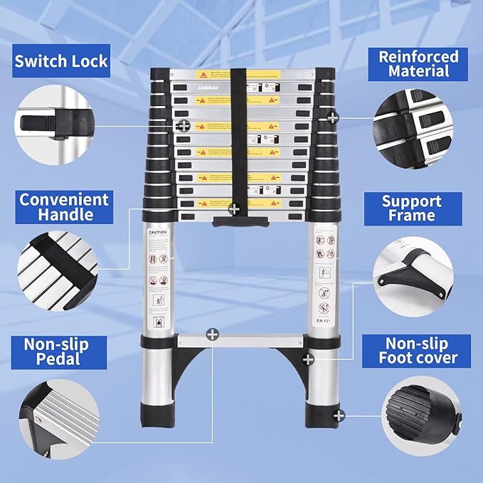 JADDUO Telescoping Ladder 12.5 FT Extension Ladder Aluminum Lightweight Telescopic Ladders with 2 Triangle Stabilizers Ladders for Travel & Home & RV