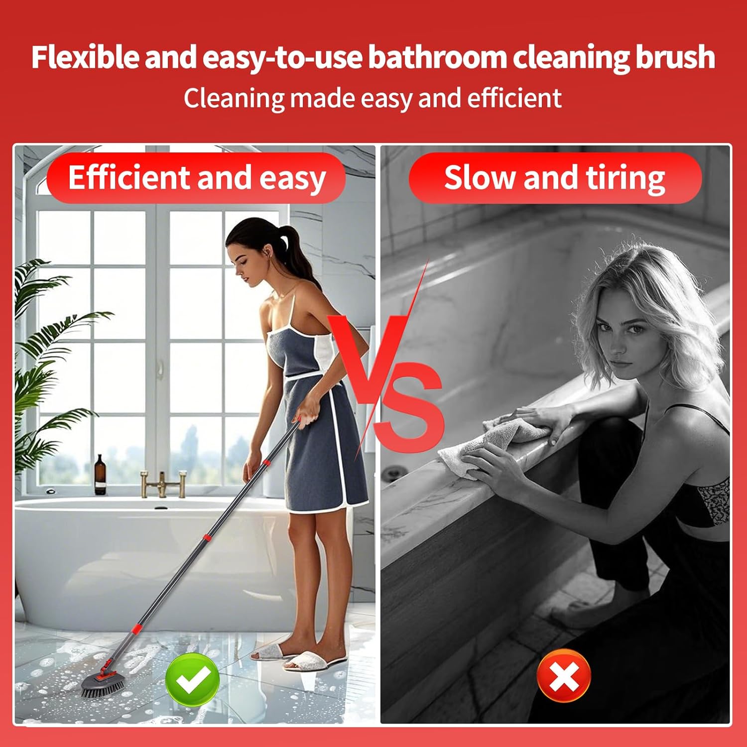Tile Tub Scrubber Brush No Scratch with 4 Different Function Cleaning Heads and 51" Long Handle- Shower Scrubber for Cleaning Bathroom Kitchen Toilet Wall,Bathtub,Sink，Floors, Walls, mats, Ceilings