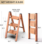 GameGem 3 Step Ladder, Aluminum Folding Step Stool with Anti-Slip Sturdy and Wide Pedal, Lightweight Portable Stepladder for Home and Kitchen Use Space Saving, Woodgrain, 330 lbs