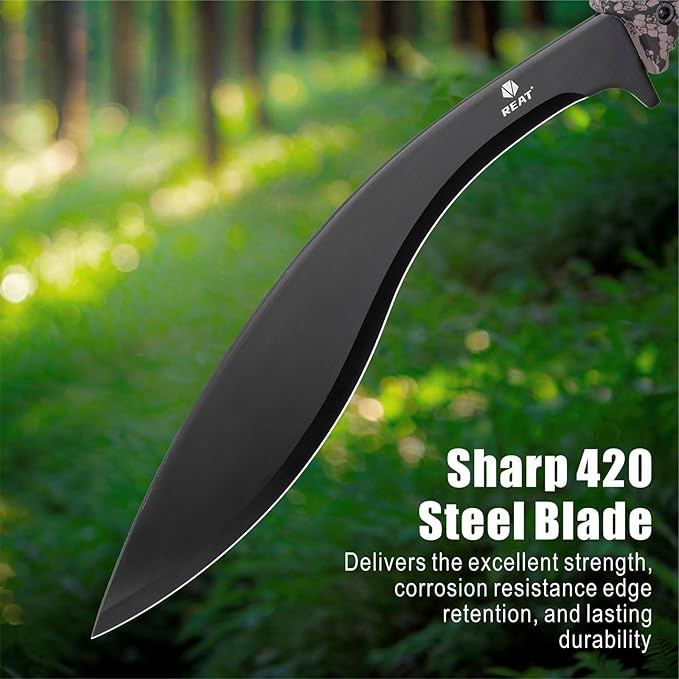 REAT Kukri Machete with Sheath,19 inch 420 Stainless Steel Blade,Non-silp Rubber Handle, Machetes for Cutting Trees,Yard Work,Hunting,Camping