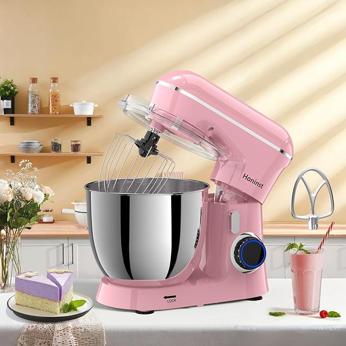 Stand Mixer, 6.5QT 10-Speed Tilt-Head Electric Stand Mixer, 3-In-1 Kitchen Mixer with Bowl, Dough Hook, Whisk and Beater, Food Mixer for Baking, Cake and Most Home Cooks, Pink