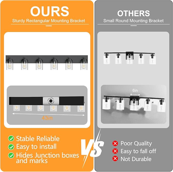 IZORRO Bathroom Vanity Light Fixture, 6-Light 43 Inch Matte Black Bathroom Light Fixtures Over Mirror, with Clear Glass Shade, Modern Farmhouse Vanity Lights, Rustic Restroom Lighting Fixtures