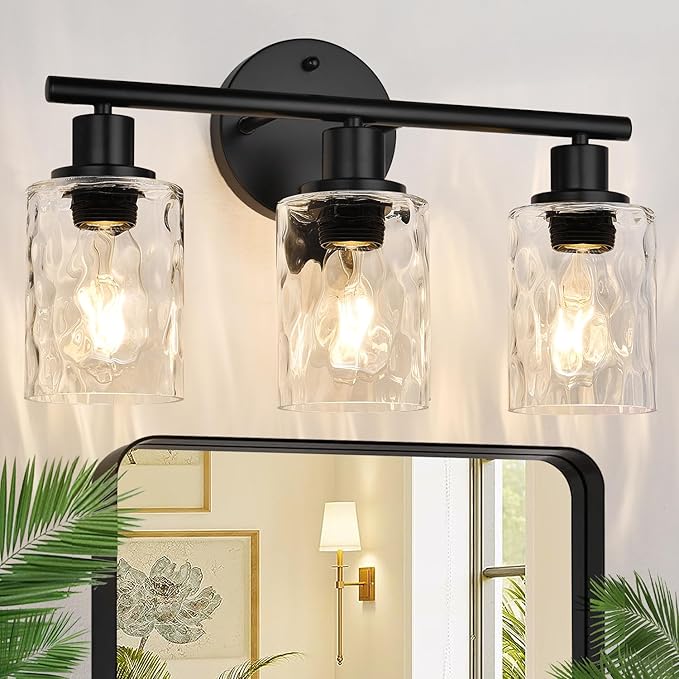 3-Light Bathroom Light Fixtures, Black Modern Vanity Lights with Clear Glass Shade, Bathroom Wall Lamp for Mirror Kitchen Living Room Hallway Cabinet Porch