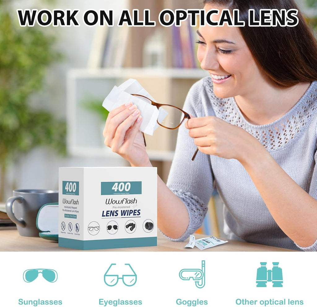 400 Count Lens Wipes for Eyeglasses, Eyeglass Lens Cleaning Wipes Pre-moistened Individually Wrapped Sracth-Free Streak-Free Eye Glasses Cleaner Wipes for Sunglass, Camera Lens, Goggles