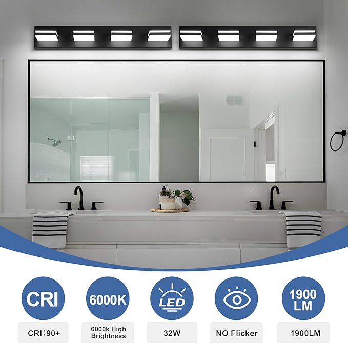 Modern LED Bathroom Lights Fixtures(4-Light),Metal Black Acrylic Wall Lighting,Vanity Lights for Bathroom Over Mirror(6000k 27In