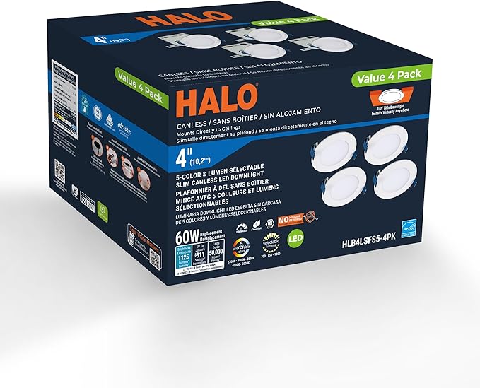 HALO 4 inch LED Recessed Ceiling Light 4-Pack Canless Dimmable with Selectable Lumens and Selectable Color Temperature 2700K-5000K Indoor Outdoor Wet Location Airtight Ultra Slim HLB4LSFS5-4PK