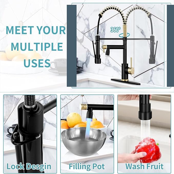 Smart Kitchen Faucet, 3 Modes Pull Down Sprayer, LED Temperature Control, Ceramic Valve,360-Degree Rotation,1 or 3 Hole Deck Plate, Double Spout. 10-Year Warranty. (KW-21RK, Gold/Black)