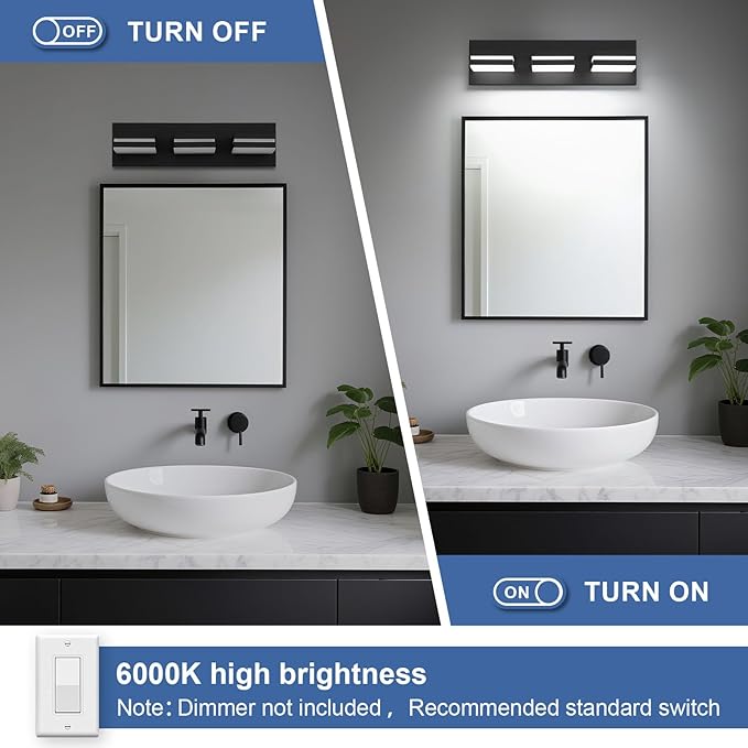 Modern LED Bathroom Lights Fixtures(3-Light),Metal Black Acrylic Wall Lighting,Vanity Lights for Bathroom Over Mirror(6000k 16In