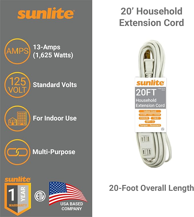 Sunlite 04140-SU 20-Foot Household Extension Cord, Three 2-Prong Polarized Sockets, Tamper Guards, Indoor Use, for Small Appliances, Electronics, Lamps, Fans, Mobile Devices, ETL Listed, 20', White