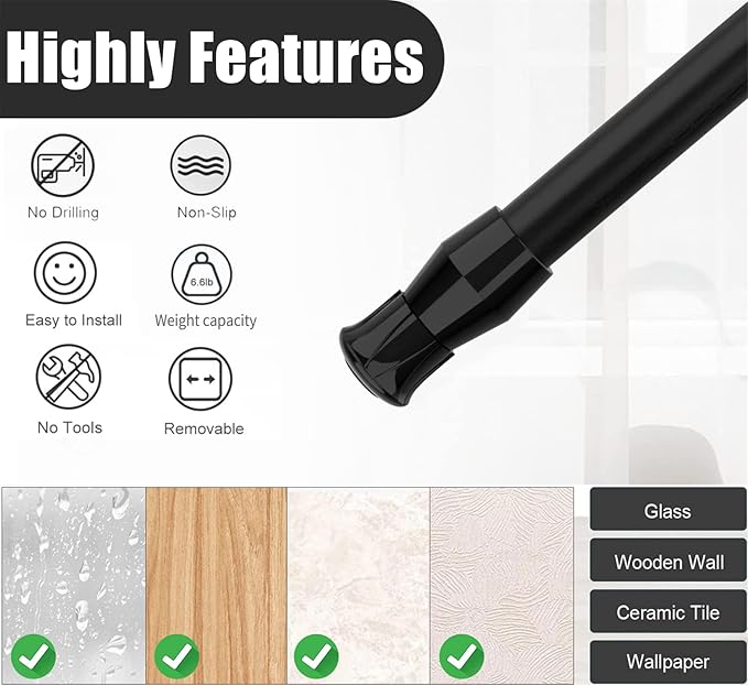 4 Pack Window Security Bars Adjustable Spring Tension Rod Sliding Glass Door Stick for Door with Rubber Tips, 1.3 cm in Diameter, Extends from 15.8-27.6 Inch, Black