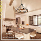 31.5'' Wooden Wagon Wheel Chandelier Farmhouse 12 Lights Wood Round Chandelier Black Rustic Light Fixture for Living Dining Room Entryway Foyer Kitchen