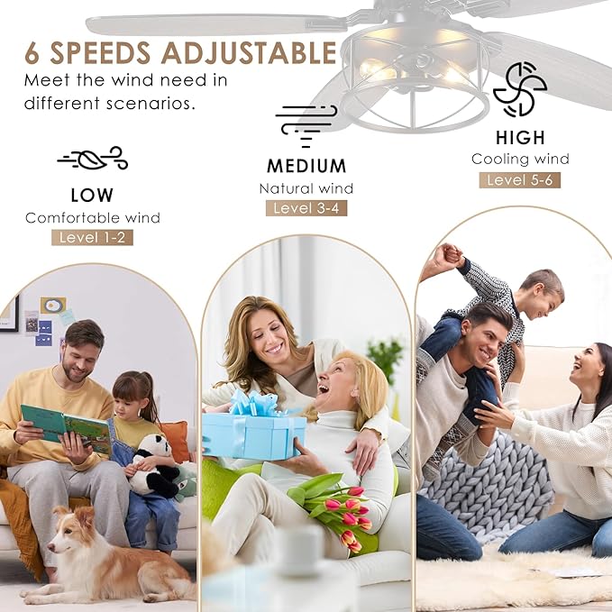 52" Black Ceiling Fan with Light & Remote, Timer, 5 Wood Blades - Rustic Flush Mount Fandelier, 6-Speed Reversible, Indoor/Outdoor for Bedroom, Living Room, Kitchen, Patio