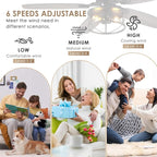 52" Black Ceiling Fan with Light & Remote, Timer, 5 Wood Blades - Rustic Flush Mount Fandelier, 6-Speed Reversible, Indoor/Outdoor for Bedroom, Living Room, Kitchen, Patio