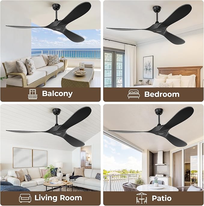 60 Inch Ceiling Fan Without Lights, Black | Outdoor Ceiling Fan with Remote, 6-Speed Adjustable Reversible DC Motor for Patio & Living Room