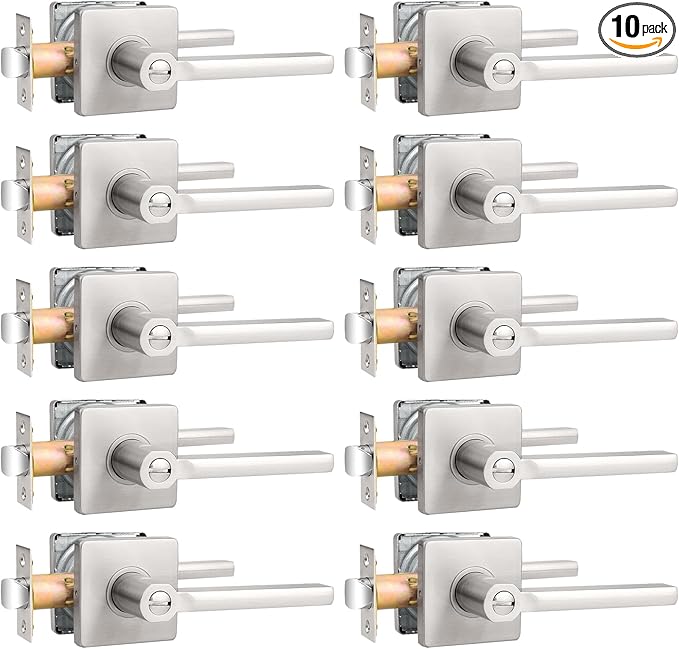 Probrico Privacy Door Handle Interior Heavy Duty Square Brushed Nickel Door Knobs for Bedroom Bathroom Reversible Keyless Door Lever Satin Nickel, 10 Pack