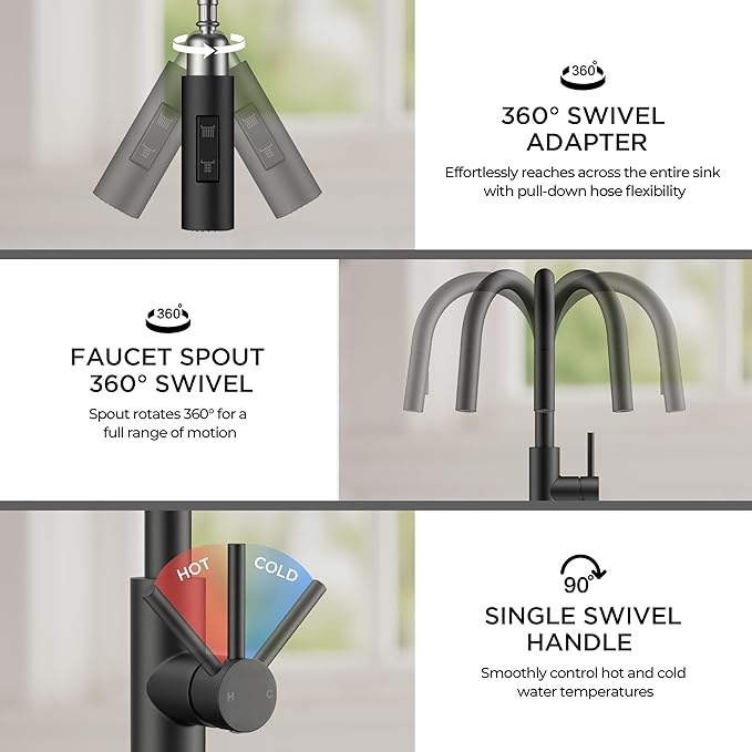 FORIOUS Kitchen Faucet with Pull Down Sprayer, Classic Matte Black, Single Handle High Arc Stainless Steel Kitchen Sink Faucet, 1 or 3 Hole Deck Mount for RV, Bar, Farmhouse, Laundry, Outdoor