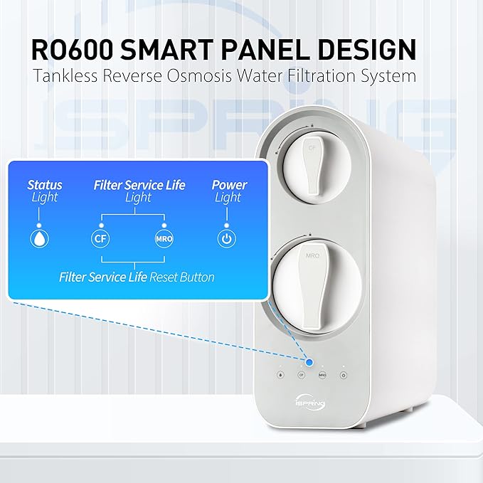 iSpring RO600BN Tankless Reverse Osmosis System Under Sink, 600 GPD Fast Flow RO System, 2.5:1 Pure to Drain Ratio RO Water Filter System, Brushed Nickel Faucet, White