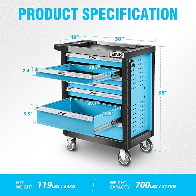 DNA MOTORING 7-Drawer Rolling Tools Chest, Rolling Tool Storage Cabinet, Heavy Duty Mechanic Tool Cart, Trolley Organizer for Garage, Warehouse, Workshop, Blue, TOOLS-00482