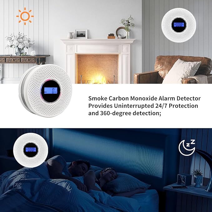 Smoke Detector Carbon Monoxide Detector Combo with Digital Display and Sound Light Alarm, 2-in-1 Smoke & CO Alarm with Battery Operated for Home, Travel or RV