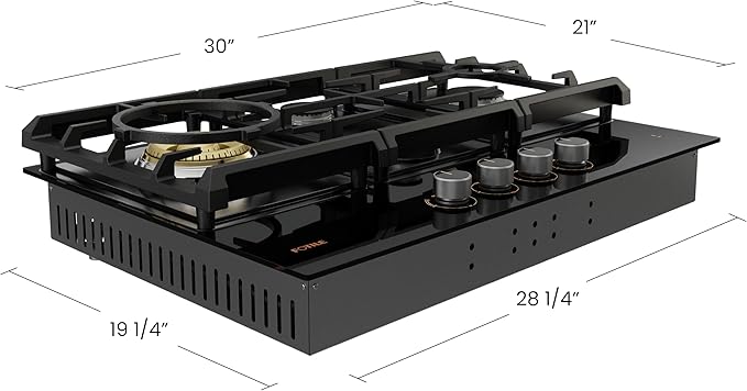 FOTILE GLG30401 30” Black Tempered Glass 4-Burner Gas Cooktop, Tri-Ring 18,000 BTUs Left Burner with Flame Failure Protection Removable Grates and Installation/LP Kit