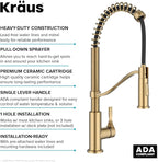 KRAUS Torak Pull Down Kitchen Faucet in Spot-Free Brushed Brass with Commercial Style Spring Spout, 2 Function Sprayer, Pre-Attached Water Lines, and Mounting Hardware, KPF-2635SFBB