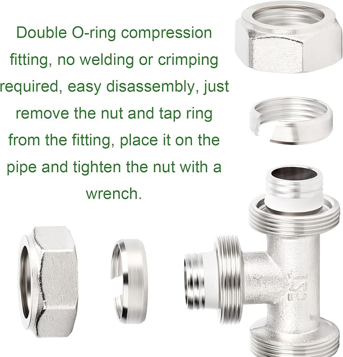 TAISHER 2PCS Brass-Nickel Plated Equal Tee Fitting，3/4" Tubing,Tube Fitting For Air Piping System