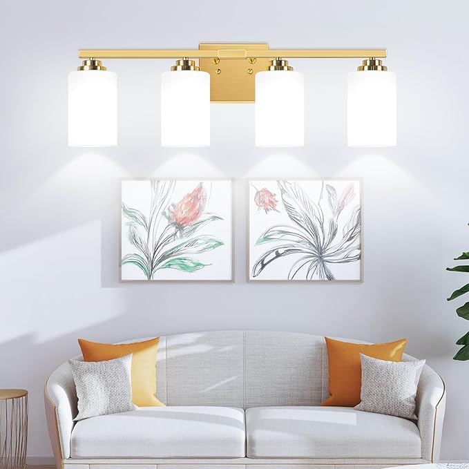 4-Light Bathroom Light Fixtures, 27" Modern Vanity Lights Over Mirror with Milky White Glass Shade, Gold Wall Sconce, Classic Wall Light Fixture for Mirror Living Room Cabinet Bedroom Porch Kitchen