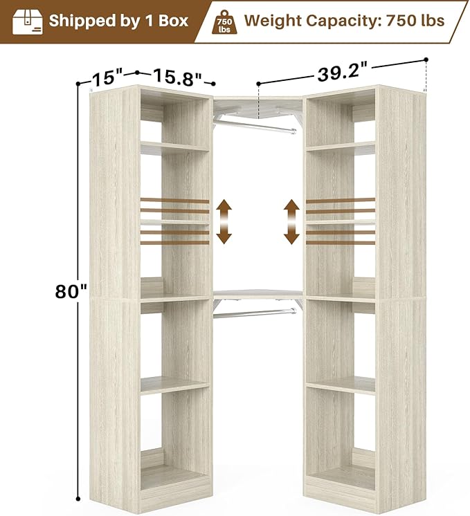 Corner Closet System with 12 Shelves, 39.2" Corner Closet Organizer System with 2 Hanging Rods, Versatile 6-Tier Walk-in Closets for Corner Space, White Oak (39.2" L x 39.2" W x 80" H)