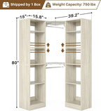 Corner Closet System with 12 Shelves, 39.2" Corner Closet Organizer System with 2 Hanging Rods, Versatile 6-Tier Walk-in Closets for Corner Space, White Oak (39.2" L x 39.2" W x 80" H)