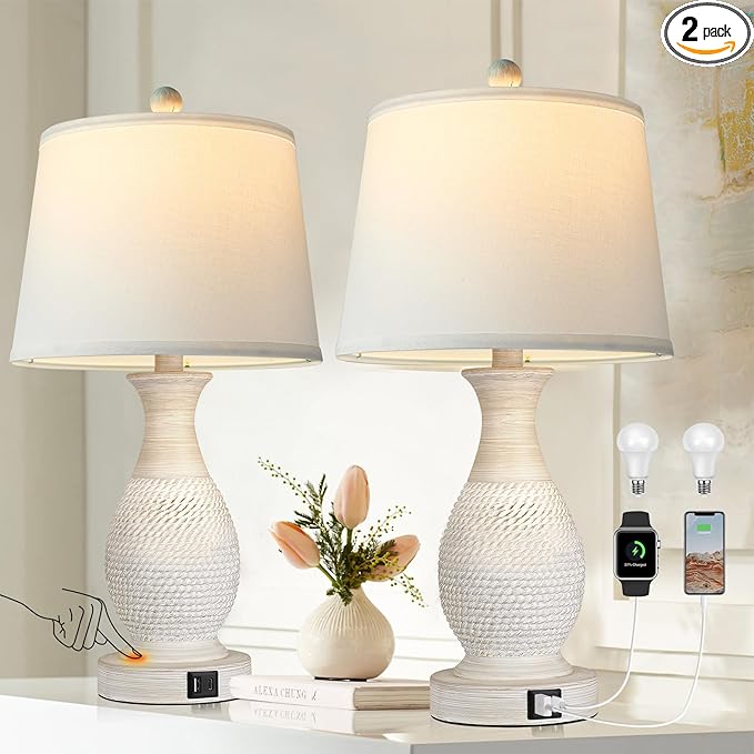PARTPHONER Table Lamps Set of 2, Bedside Touch Lamp with USB C+A Charging Ports, Side Table Lamp with White Fabric Shade (LED Bulbs Included)