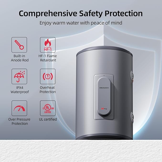 Tank Water Heater Electric, MIZUDO 10 Gallon Point of Use Hot Water heater 1500W, Compact Residential 120V with T&P Valve, Adjustable Thermostat, UL Listed